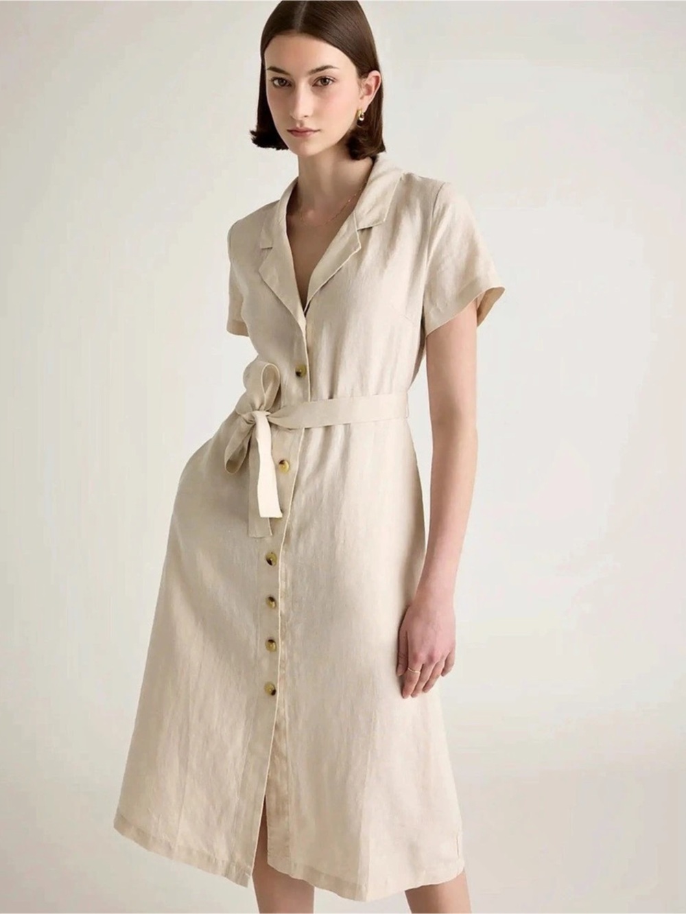 Quince Button Front Belted Midi Dress NWT